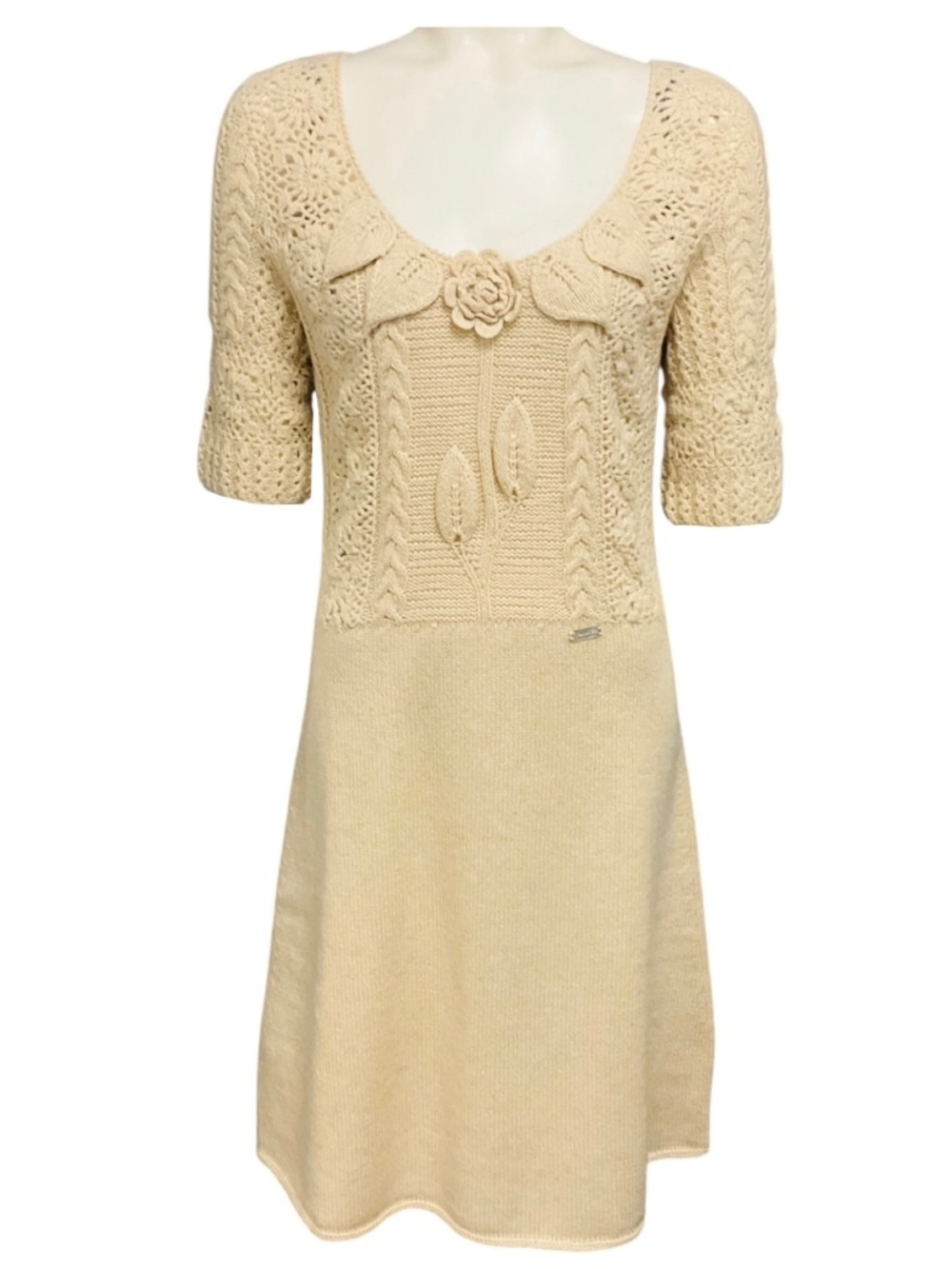 OSCAR DE LA RENTA IVORY CASHMERE CROCHET KNIT DRESS